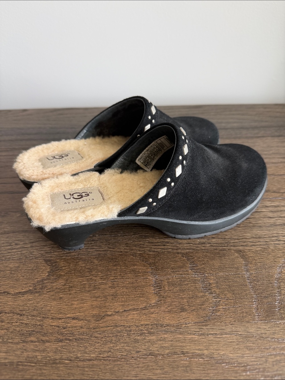 UGG Black Suede Shearling-Lined Mule Clogs with Cutout Accent